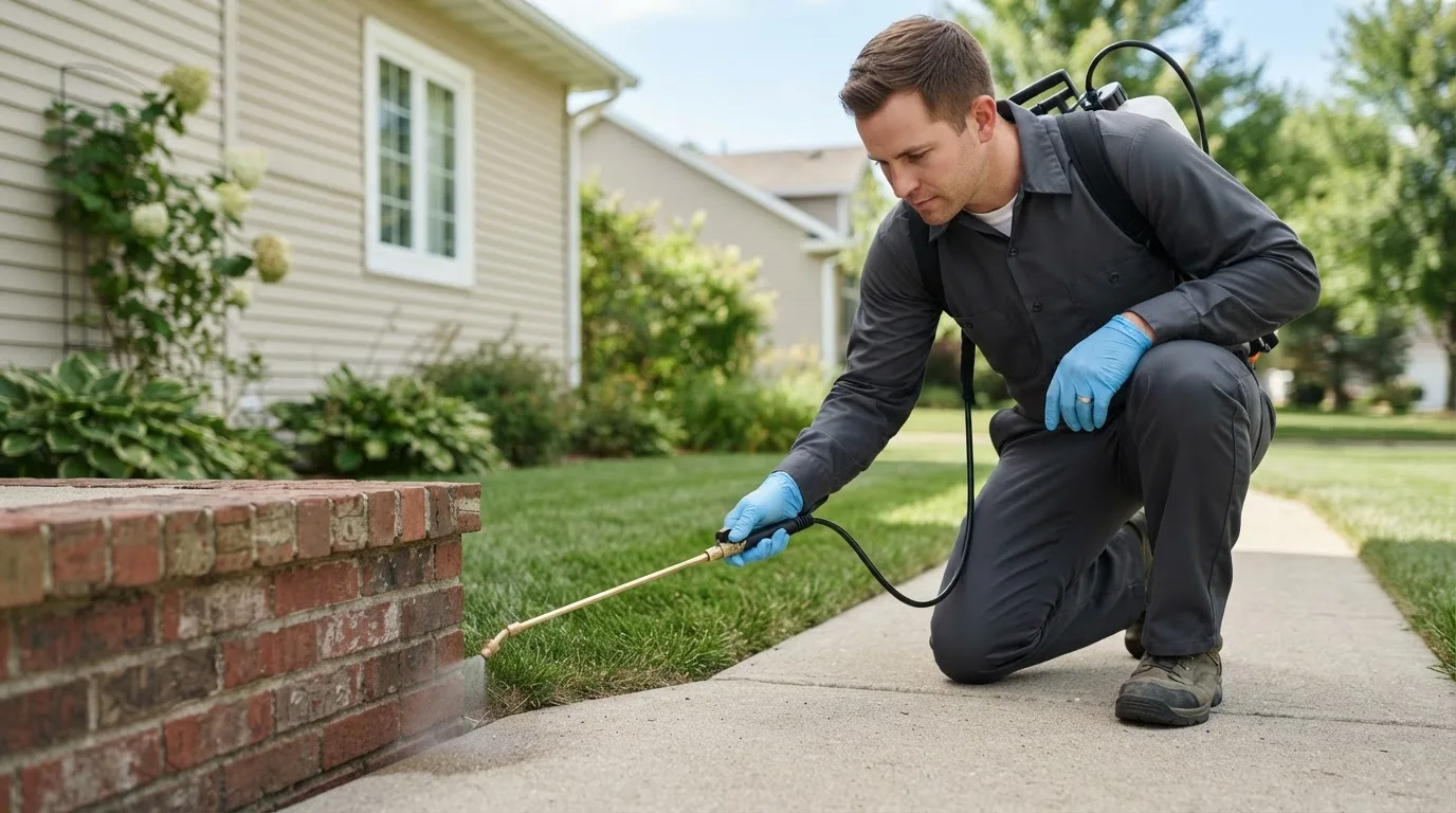 Pest control technician treating a home near Cromwell, OK