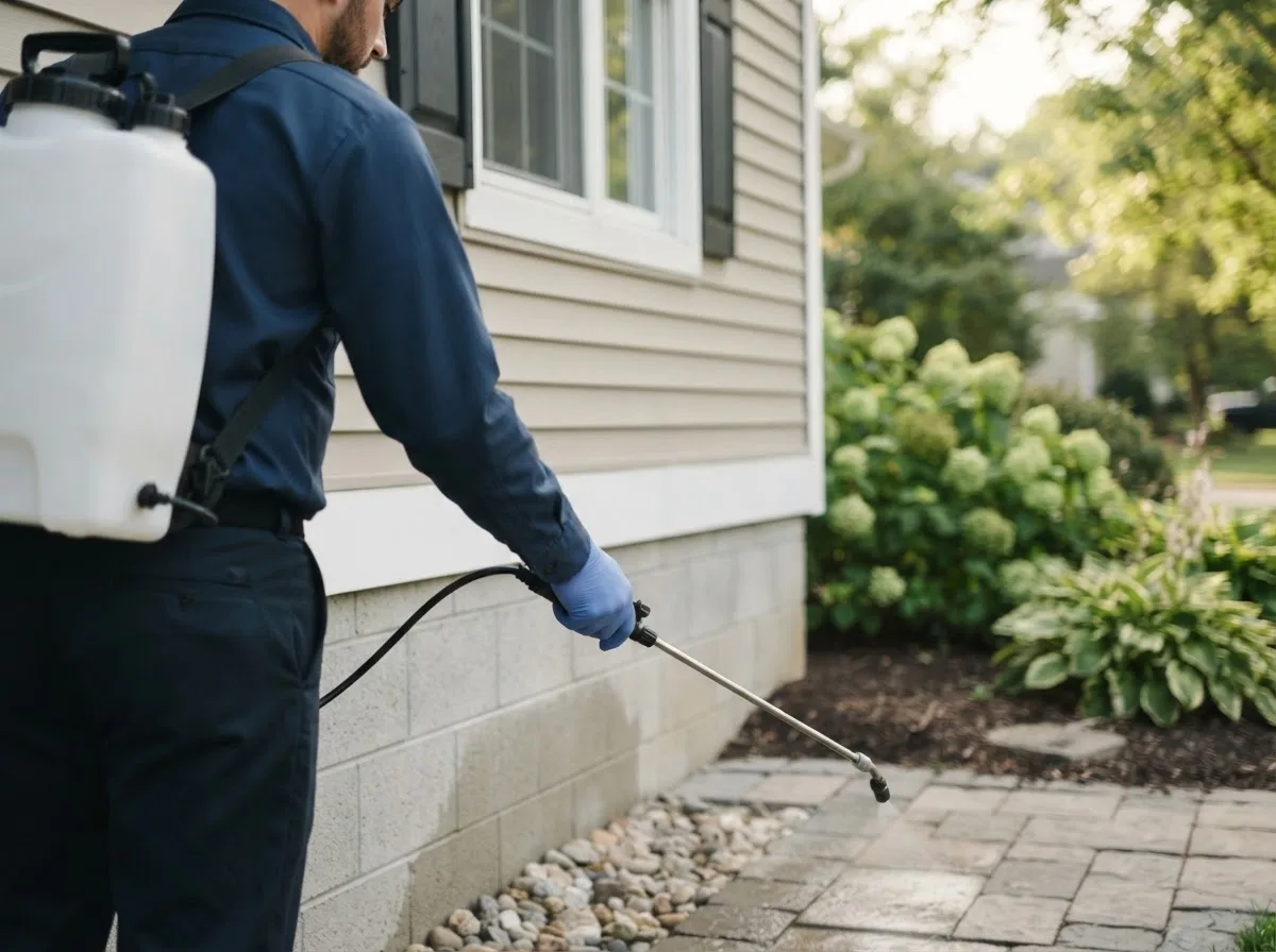Pest control technician inspecting a home in Cromwell, OK